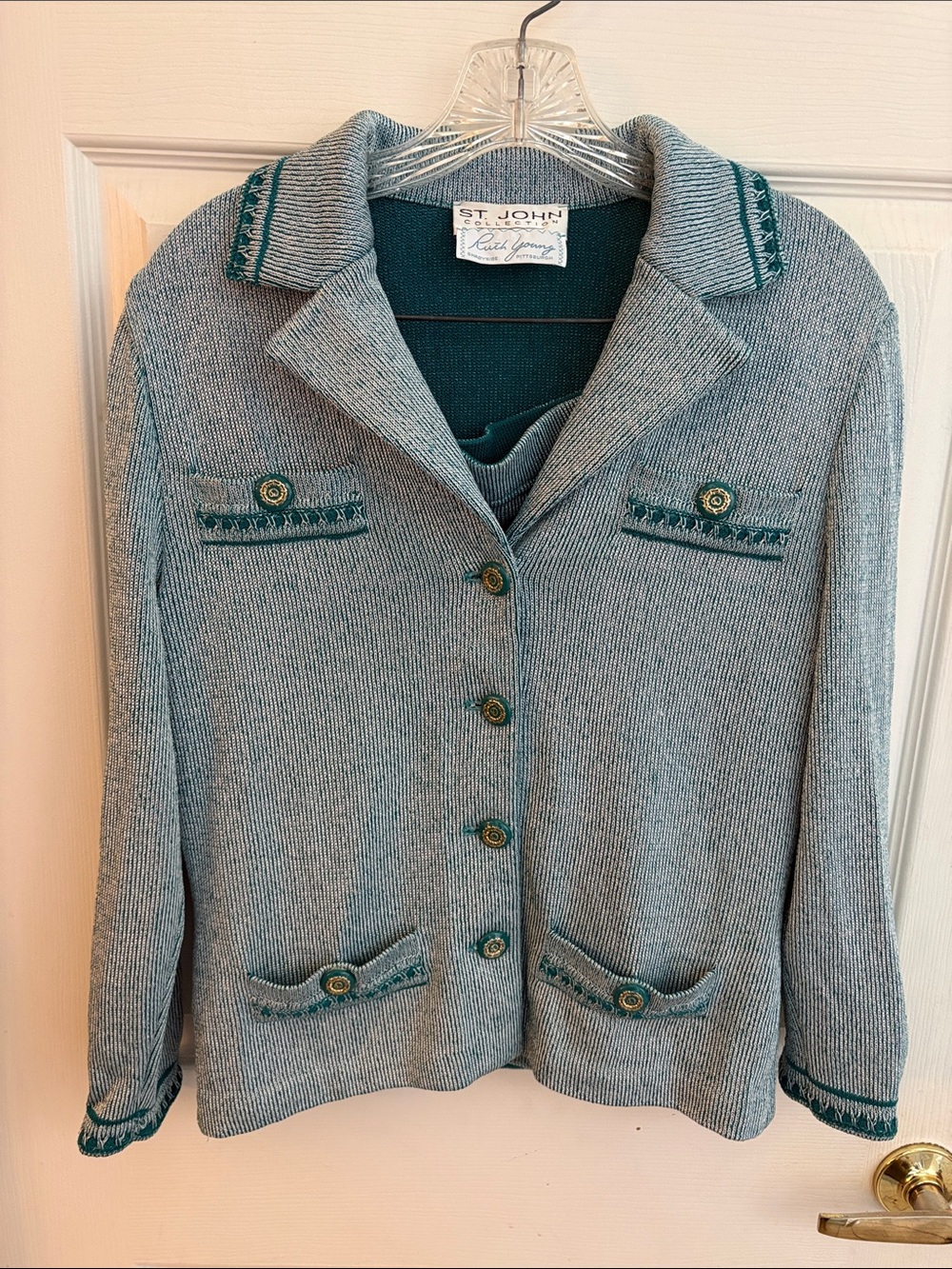 St. John by Marie Gray teal green & white blazer & skirt suit size 8 Vintage
